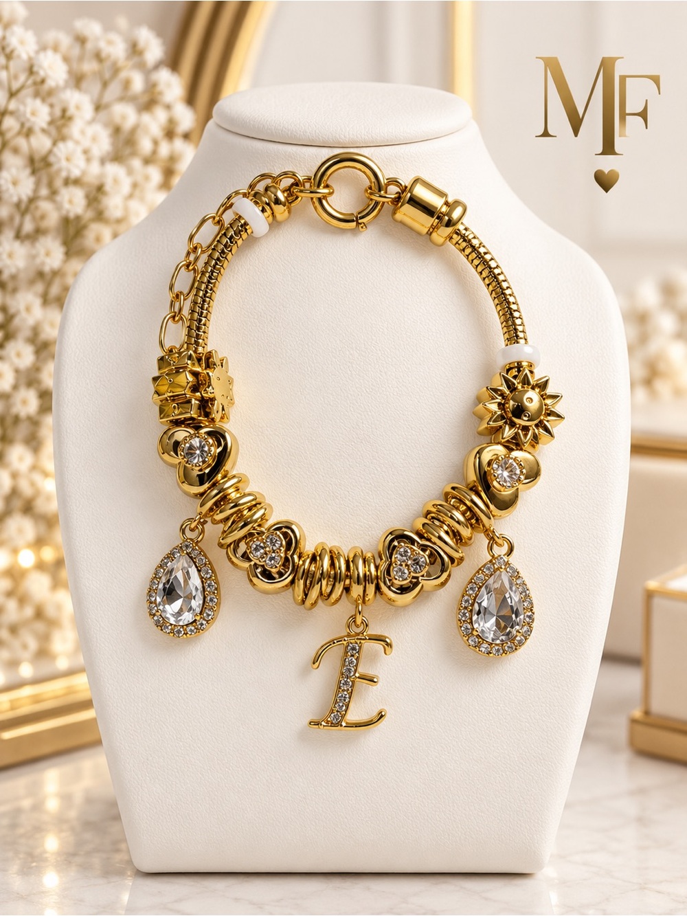 Gold Charm Bracelet with Crystal Teardrops and Initial E Pendant
